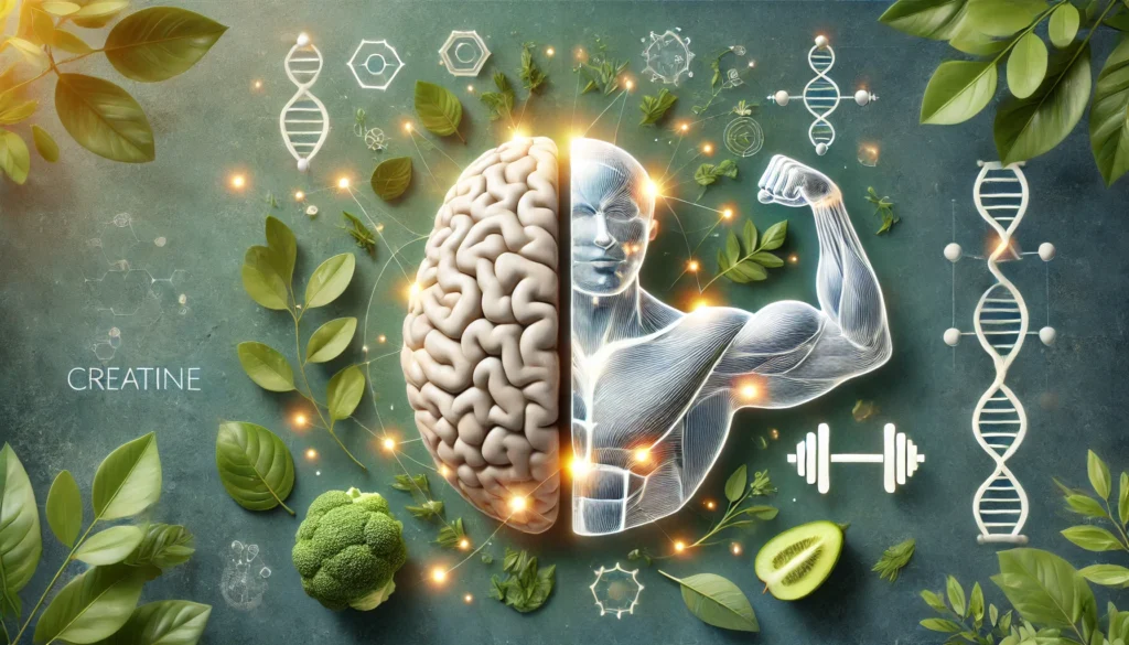 How Creatine Fits Into a Vegetarian Diet: What Science Says About Benefits, Sources, and Supplementation 2 Side-by-side visual of a glowing human brain and muscular arm with green leaf background, symbolizing the cognitive and physical benefits of creatine in vegetarian diets.