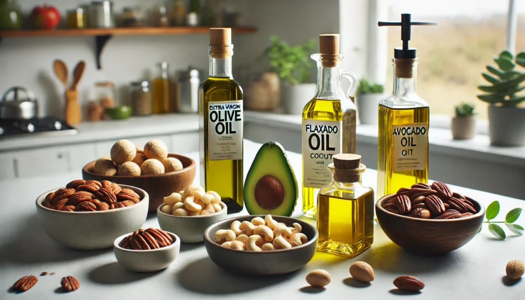 Healthy Vegan Fats: The Best Plant-Based Fat Sources for Energy, Nutrient Absorption, and Overall Wellness 2 Modern kitchen countertop displaying bottles of olive oil, avocado oil, flaxseed oil, and coconut oil with bowls of cashews, pecans, macadamia nuts, and pumpkin seeds.