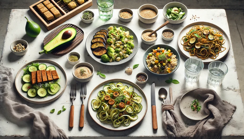 Modern dining table set with gourmet low carb vegetarian dishes such as zucchini noodles, cauliflower rice, avocado salad, and grilled eggplant served with minimalist decor.