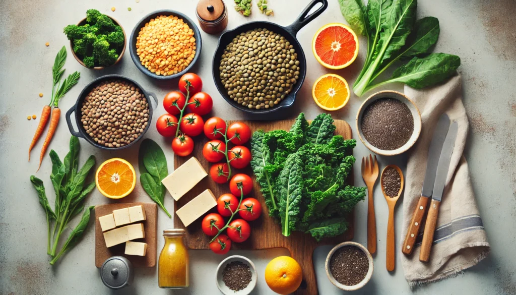 How to Get Enough Iron as a Vegetarian: Best Plant-Based Sources and Science-Backed Tips for a Healthy Diet 2 A top-down view of a vegan kitchen setup with tofu, kale, tomatoes, citrus, lentils, and a cast iron skillet on a wooden countertop, styled with a rustic aesthetic.