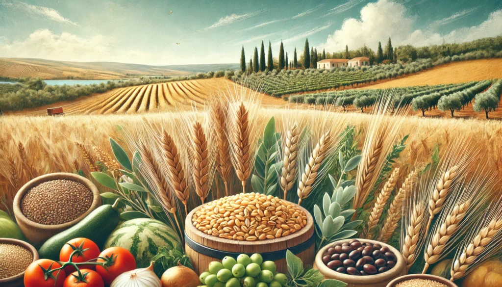 How Mediterranean Grains Support Whole-Body Health: The Science Behind the Whole Grains Mediterranean Diet 2 Scenic Mediterranean farmland with golden fields of ancient grains, olive trees, and vineyards under a clear blue sky, evoking traditional sustainable agriculture.