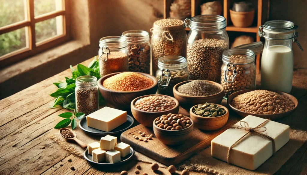 Best Dairy-Free Protein Sources for a Plant-Based Diet: Top Non-Dairy Protein Foods Backed by Science 2 Rustic kitchen countertop displaying raw non-dairy protein ingredients such as dry lentils, nuts, seeds, tofu blocks, legumes in jars, and fresh leafy greens under natural light.