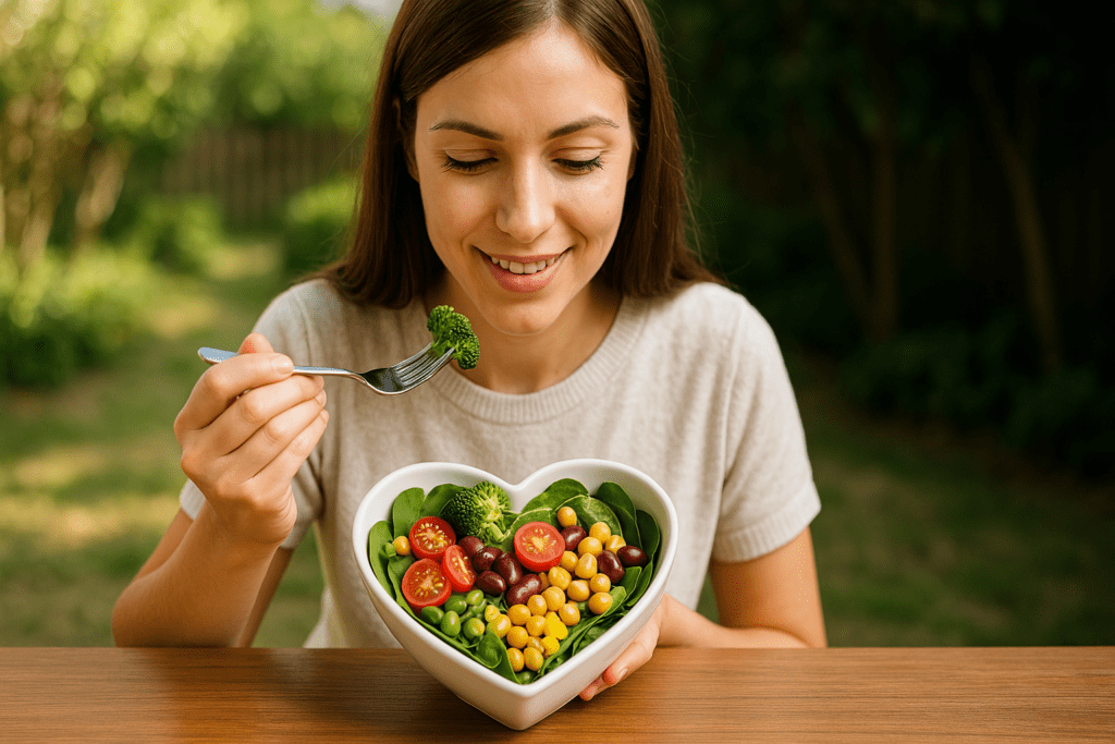 Heart-Healthy Vegetarian Recipes That Support Cardiovascular Wellness: Expert Tips and Delicious Plant-Based Dishes 3 A heart-shaped ceramic bowl filled with a colorful quinoa salad, including roasted sweet potatoes, kale, chickpeas, and cherry tomatoes, sits on a dark wooden surface. The scene is illuminated with moody, dramatic lighting that emphasizes the vibrant textures and tones of the heart-healthy vegetarian ingredients, reinforcing a focus on cardiovascular wellness through nutrient-rich plant-based meals.