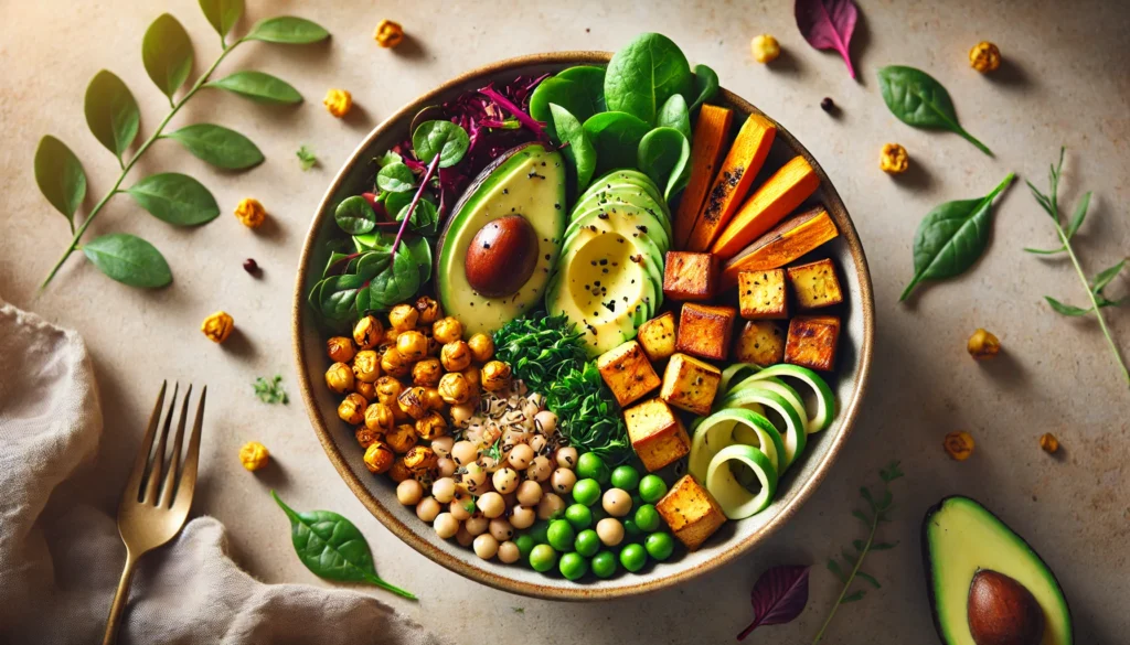 Best Red Meat Substitutes for a Healthier Diet: Expert-Recommended Non Red Meat List and Alternative Protein Sources 2 A balanced plant-based protein bowl featuring grilled tofu, quinoa, roasted chickpeas, avocado, sweet potatoes, and fresh greens, styled beautifully on a neutral-toned surface with soft daylight.