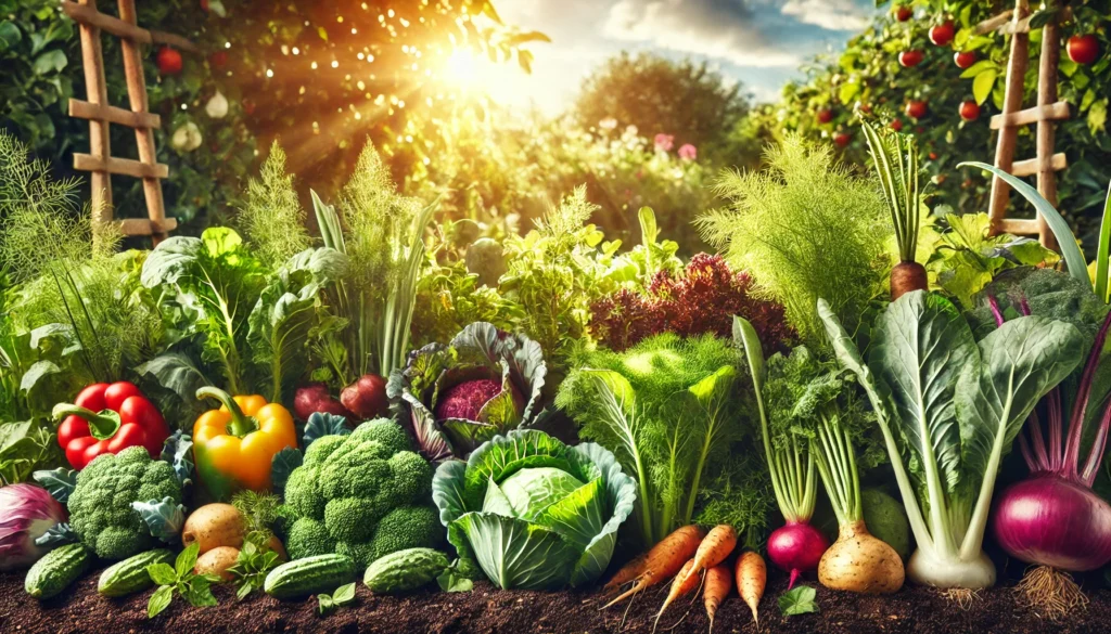 A sunlit vegetable garden with leafy greens, root vegetables, and cruciferous plants growing in healthy soil, symbolizing the natural origin and diverse nutrients of whole food vegetables.