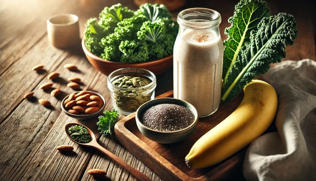 Best Plant-Based Calcium Sources for Strong Bones: How to Get Enough Calcium on a Vegan or Vegetarian Diet 2 Smoothie preparation scene featuring fortified almond milk, kale, banana, and chia seeds on a rustic table, illustrating a calcium-rich plant-based breakfast setup.
