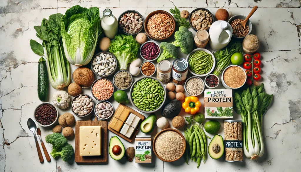 Best Plant-Based Protein Sources for a High-Protein Vegan Diet: What Science Says About Meeting Your Needs Naturally 2 Overhead shot of a plant-based grocery haul showcasing tofu, legumes, quinoa, seeds, leafy greens, and protein powder on a bright kitchen counter.