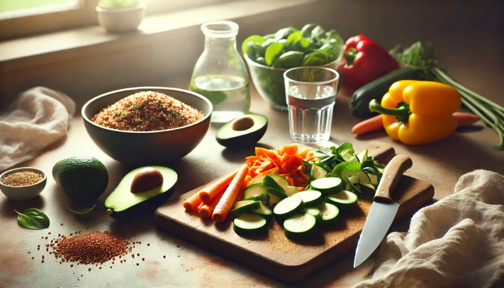 A visually appealing high-fiber meal featuring a plate with quinoa, grilled vegetables, avocado slices, and a side of yogurt, accompanied by a glass of infused cucumber-lemon water in a sunlit kitchen setting.