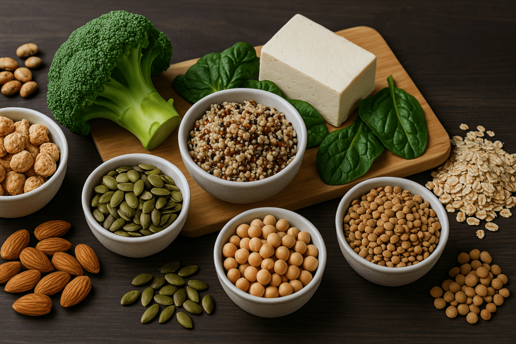 A digital photo highlighting plant-based proteins with a magnifying glass focused on lentils, surrounded by tofu, spinach, quinoa, pumpkin seeds, almonds, and oats, set on a textured wooden background.