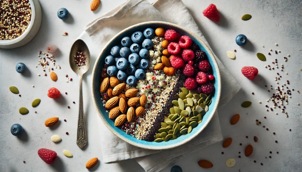 A top-down view of a vibrant breakfast bowl filled with quinoa, mixed berries, almonds, and pumpkin seeds, showcasing a variety of textures and colors in a minimalistic setting with a clean, neutral background.