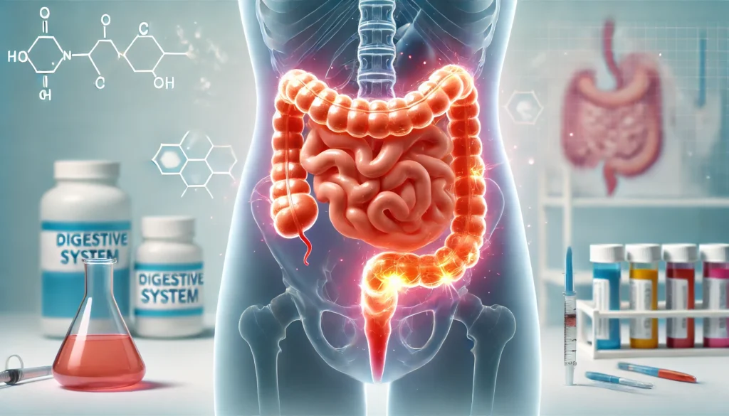 Is Too Much Fiber Bad for You? Signs, Symptoms, and How to Find Balance 2 A medical-style illustration of the digestive system, with a focus on bloating and irritation from excessive fiber intake. The intestines appear slightly swollen with a glowing effect to indicate discomfort.