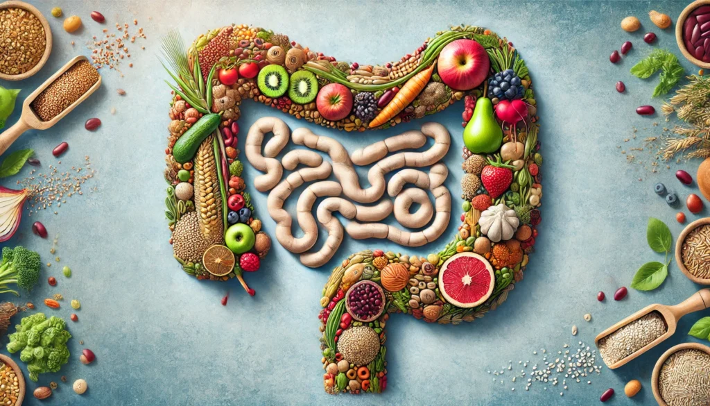 An artistic depiction of fiber-rich foods such as beans, whole grains, fresh fruits, and vegetables arranged in the shape of a human intestine. This visually symbolizes the strong connection between diet and digestive health.