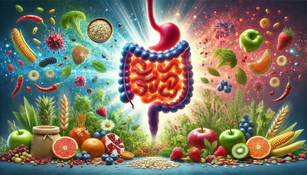 A dynamic visual showing the battle between inflammation and gut health, with fiery red inflammatory elements contrasted against soothing blue fiber-rich foods and probiotics, highlighting the role of fiber in reducing inflammation.