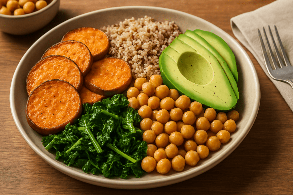How Full Vegan Meals Help You Stay Satisfied Longer: Science-Backed Ways Vegan Food Keeps You Full Naturally 2 A fresh vegan salad arranged on a ceramic plate, featuring leafy greens, chickpeas, halved cherry tomatoes, cucumber slices, green beans, avocado, and sunflower seeds, presented on a wooden table to highlight the fiber- and nutrient-rich ingredients that promote long-lasting fullness.