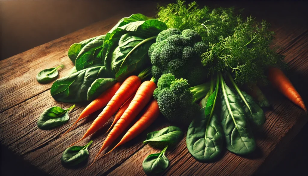 Are Carrots a Good Source of Fiber? Comparing Fiber Content in Carrots, Broccoli, and Leafy Greens 2 An artistic arrangement of whole and sliced carrots, broccoli florets, and leafy greens on a cutting board, emphasizing the visible fiber-rich textures and natural freshness.