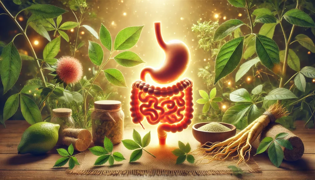 How North American Ginseng Supports Gut Health: The Science Behind Its Digestive Benefits 2 A glowing, healthy digestive system surrounded by natural herbal elements, including ginseng roots and green leaves, representing the connection between plant-based remedies and gut wellness.