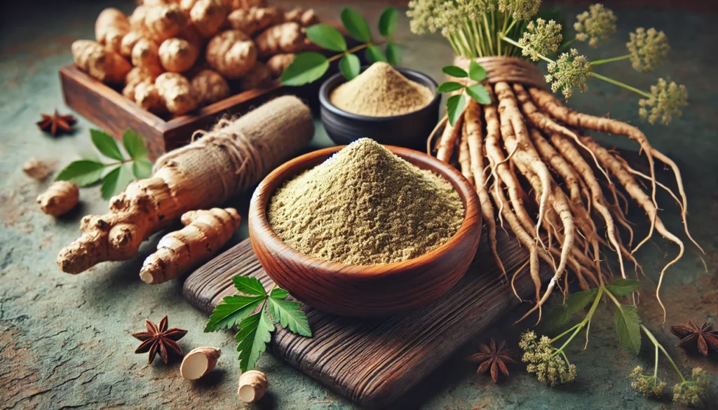 The Gut-Healing Benefits of Ashwagandha Root Powder 500mg: How It Supports Digestion and Microbiome Health 2 A rustic composition of herbal healing for digestion, featuring a wooden bowl filled with finely ground ashwagandha root powder alongside fresh ashwagandha roots and other gut-supportive herbs.