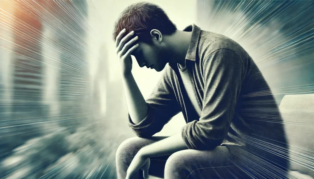 Can Ashwagandha Cause Dizziness or Allergic Reactions? What You Need to Know 2 A person feeling lightheaded, sitting down with their hand on their forehead. The slightly blurred background enhances the sense of dizziness and fatigue.