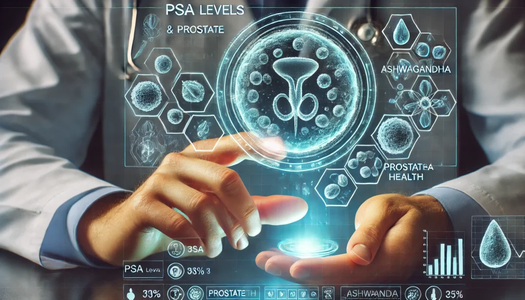 How Ashwagandha May Influence Cancer Risk: Insights on Breast Cancer and PSA Levels 2 A futuristic digital representation of PSA levels and prostate health, featuring a holographic interface with ashwagandha compounds interacting with biological markers.