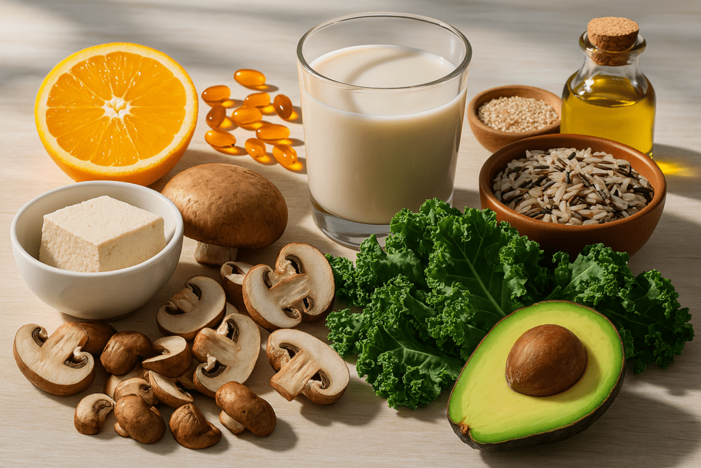 The Best Vegan Sources of Vitamin D: How to Get Enough from Food and Supplements Without Animal Products 2 A high-resolution image of vegan vitamin D sources on a wooden surface, featuring a halved avocado, cubed tofu in a bowl, rolled oats, sesame seeds, wild rice, a glass of plant-based milk, a glass bottle of oil, fresh kale, a halved orange, and golden vitamin D softgel capsules, all arranged in a visually appealing, softly lit composition.