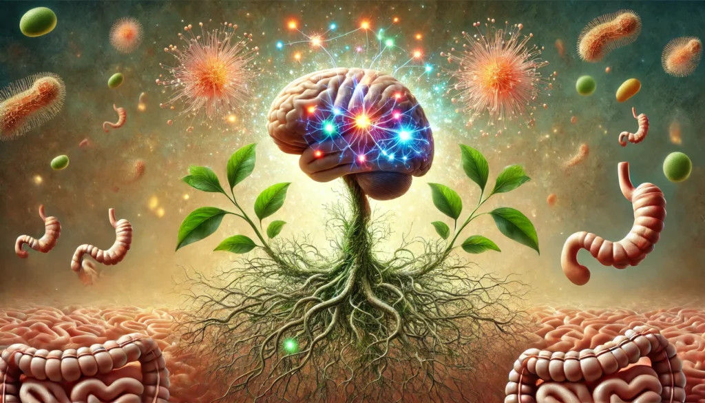 Ashwagandha and Multiple Sclerosis: Potential Benefits and Risks for Gut Health 2 A surreal artistic depiction of a human brain encircled by intertwining plant roots, with glowing neural pathways representing Ashwagandha’s neuroprotective effects and its role in gut health balance.