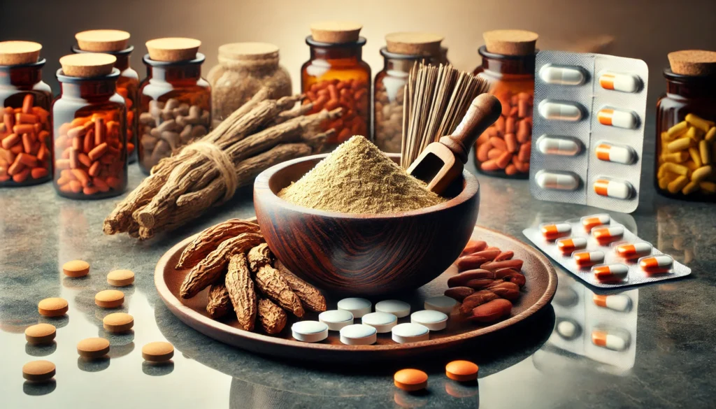 Can You Take Ashwagandha with Antidepressants? Exploring Safety, Benefits, and Risks 2 A balanced composition of traditional herbal medicine and modern pharmaceuticals, featuring a bowl of ashwagandha powder and roots on one side and prescription pills on the other, highlighting coexistence in mental health treatments.