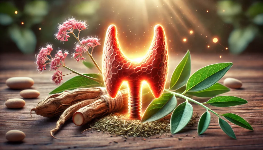 Ashwagandha and Thyroid Health: Benefits, Risks, and Medication Interactions Explained 2 A visually appealing digital illustration of ashwagandha roots and leaves placed beside a glowing thyroid gland, symbolizing the connection between herbal remedies and thyroid health. The thyroid gland is anatomically accurate, glowing in a warm hue to indicate activity, with soft lighting and a natural background.