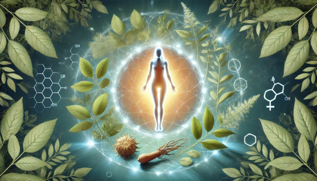 A conceptual visualization of hormonal balance with a glowing energy field around a peaceful female figure, surrounded by botanical elements such as ashwagandha leaves and roots, symbolizing harmony and vitality.