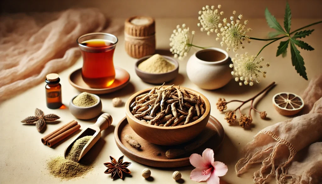 Ashwagandha and Menstrual Health: Can It Help with PMS, PMDD, or Disrupt Your Cycle? 2 A wooden bowl filled with ashwagandha roots and powder, placed beside a cup of herbal tea and feminine wellness symbols. The warm, nature-inspired setting highlights holistic health and menstrual balance through plant-based remedies.