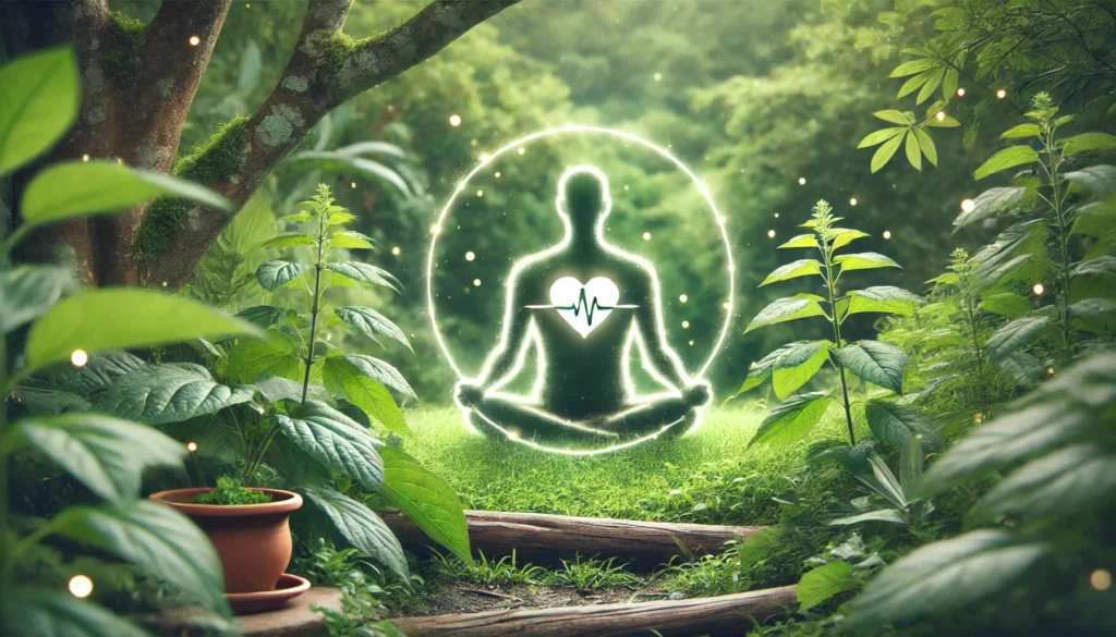 A peaceful meditation scene in a lush green environment, with a person sitting cross-legged in a calm state. A subtle, glowing heart symbol on their chest represents relaxation and heart rate stability. Nearby, Ashwagandha plants grow, symbolizing the connection between nature and cardiovascular well-being.