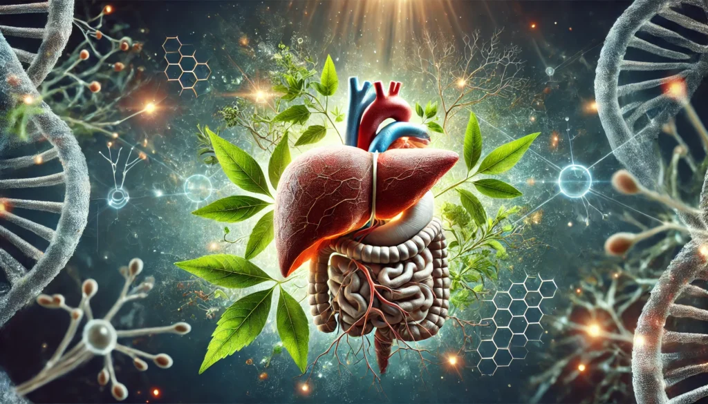 Is Ashwagandha Safe for Your Liver? What Science Says About Its Effects and Potential Risks 2 A semi-transparent human liver absorbing ashwagandha roots and leaves, depicting the interaction between the herb and liver function. The image has an ethereal glow with abstract cellular imagery in the background.