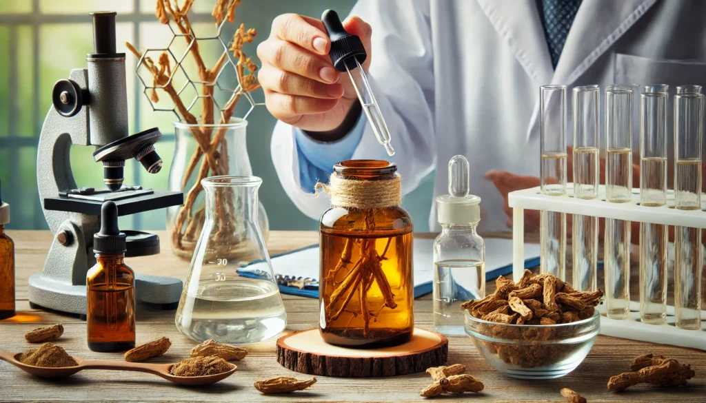 Difference Between Ashwagandha and Ashwagandha Root: What You Need to Know for Maximum Benefits 2 A laboratory setting showing ashwagandha extract being carefully measured with a dropper into a glass container, surrounded by scientific glassware and dried roots.