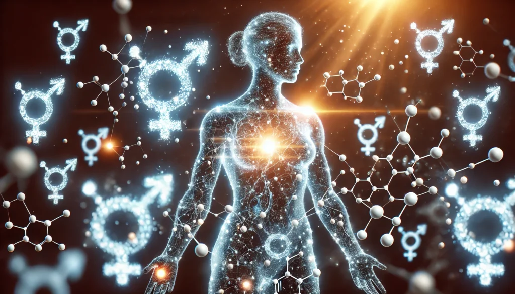 A conceptual visualization of testosterone levels in women, illustrated through radiant hormone molecules interacting with a balanced and healthy female figure in an abstract, scientific aesthetic.