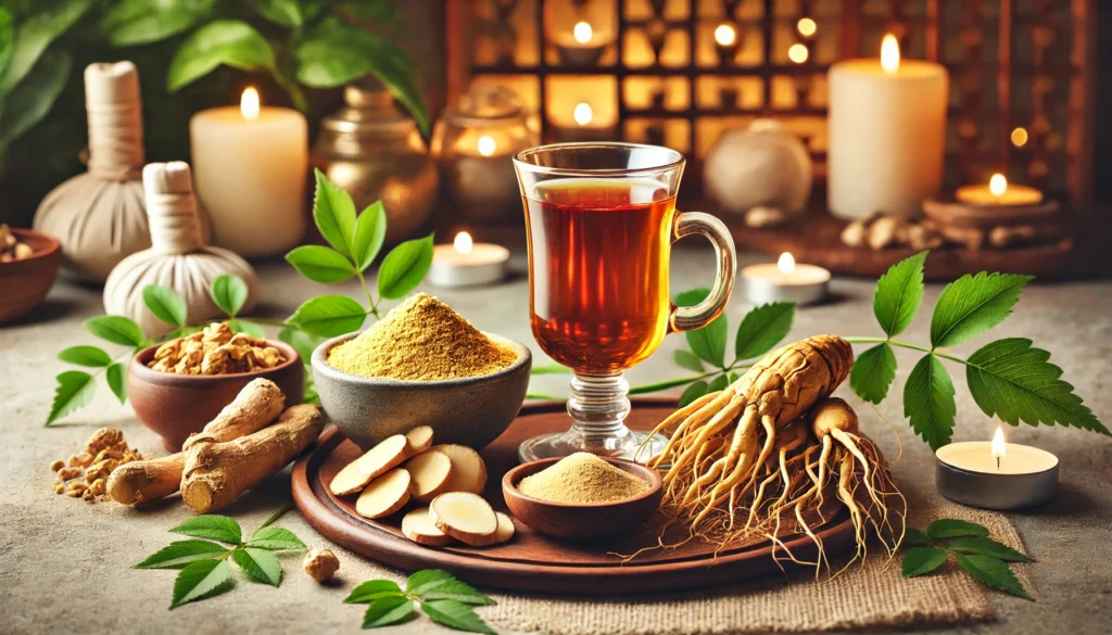 Ashwagandha vs. Ginseng: Key Differences, Benefits, and Which One Is Right for You? 2 A wellness-inspired composition showcasing ashwagandha root and powder with golden tea on one side, and ginseng root and slices with deep red tea on the other, set in a spa-like atmosphere.