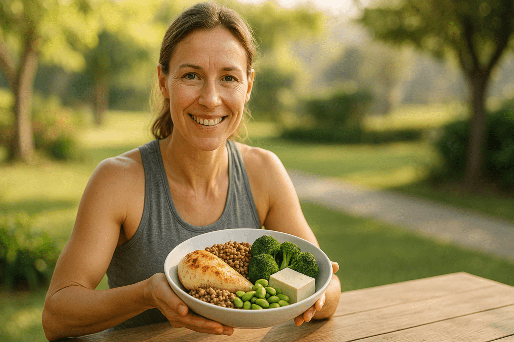 Best Foods High in Protein Vegetables: How to Build a Science-Backed Protein and Veggie Diet for Optimal Health 2 A photograph captures a fit Caucasian woman with light brown hair smiling warmly as she holds a bowl filled with high-protein vegetables and foods—lentils, edamame, broccoli, tofu, and grilled chicken—at an outdoor wooden table. Set in a lush garden during soft morning light, the scene radiates health and calm, perfectly illustrating the concept of building a protein-rich vegetable diet for optimal health.
