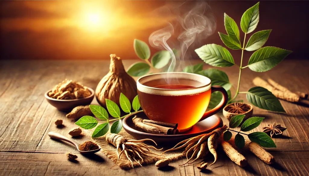 Best Ashwagandha Supplements of 2025: Top Rated Brands for Stress, Sleep & Energy 2 A steaming cup of herbal Ashwagandha tea surrounded by fresh roots and leaves, bathed in the warm glow of the setting sun, emphasizing the stress-relieving and calming benefits of the supplement.