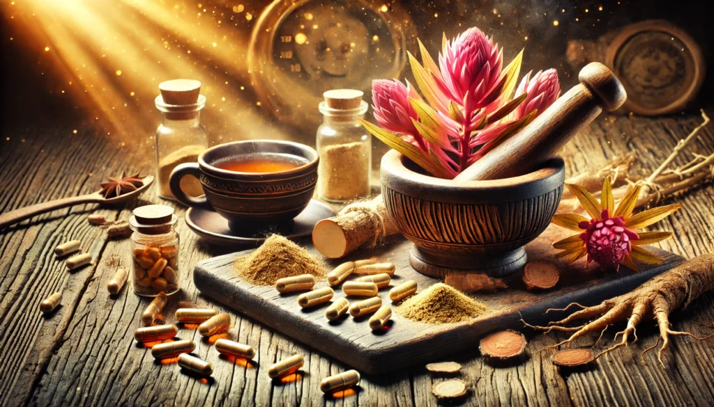 Best Rhodiola Supplements for Stress, Energy, and Mental Clarity: Expert Picks and Reviews 2 An energizing display of Rhodiola rosea supplements with a wooden mortar and pestle, dried Rhodiola root, capsules, and a steaming cup of herbal tea on a rustic surface, symbolizing enhanced focus and mental clarity.