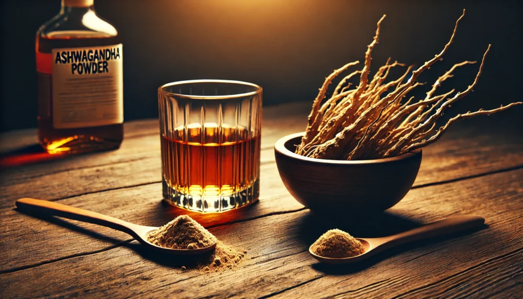 Can You Drink While Taking Ashwagandha? What Experts Say About Safety & Side Effects 2 A whiskey glass and ashwagandha supplements placed on a wooden table, symbolizing the potential risks of mixing alcohol with herbal remedies.