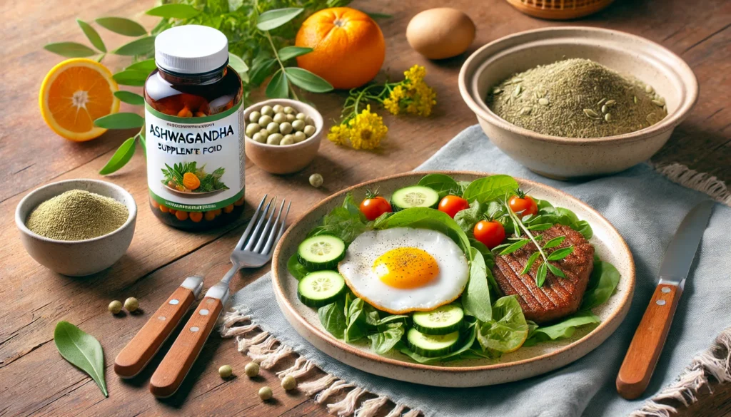 Best Practices for Taking Ashwagandha: Morning or Night, Empty Stomach or With Food? 2 A close-up of a plate with a healthy meal alongside an ashwagandha supplement bottle, illustrating taking ashwagandha with food for better absorption.