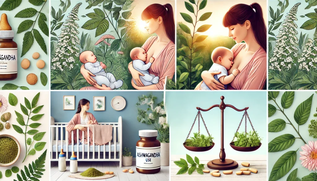 Is Ashwagandha Safe While Breastfeeding? What Moms Need to Know 2 A mother breastfeeding her baby in a peaceful, natural setting, with ashwagandha plants in the background, representing the connection between motherhood and herbal remedies.
