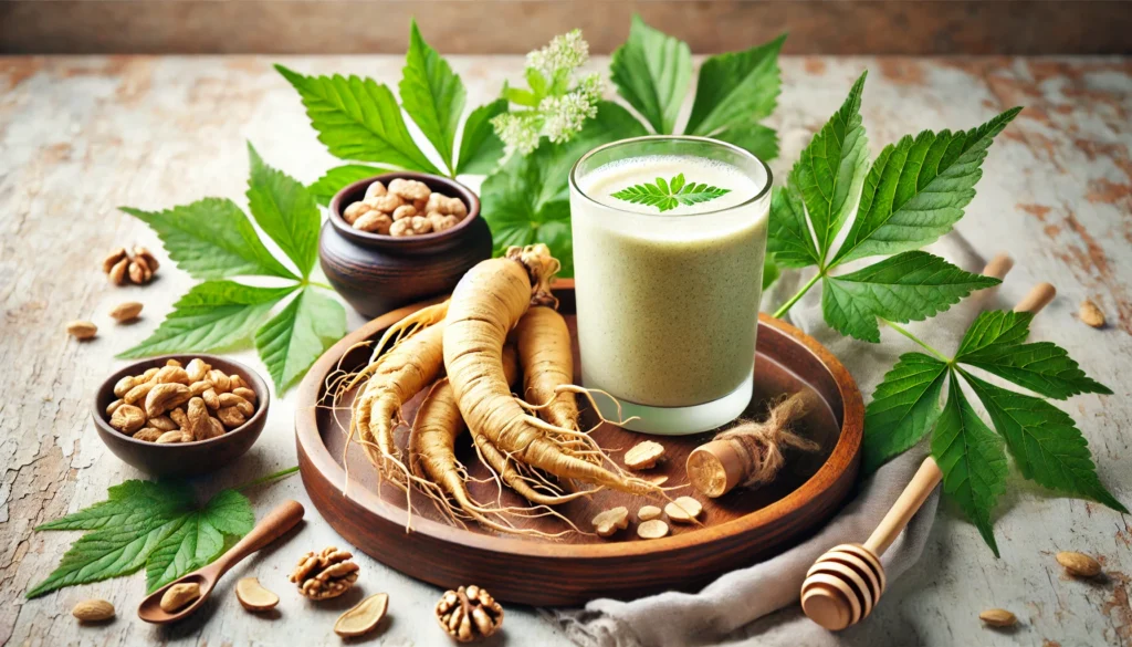 Best Ways to Use Fresh Ginseng Root for Energy, Immunity, and Overall Wellness 2 A serene nature-inspired setting featuring fresh ginseng roots on a wooden tray, complemented by a refreshing ginseng smoothie in a glass, along with fresh green leaves, nuts, and a drizzle of honey for natural vitality.