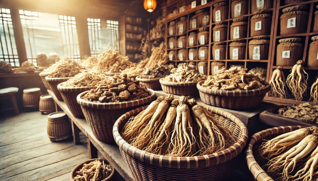 How Much Is Ginseng Worth? Understanding Wild Ginseng Prices and Market Trends 2 A traditional herbal market displaying baskets of dried ginseng roots for sale, with warm earthy tones and wooden shelves, representing the economic significance of ginseng in global trade.