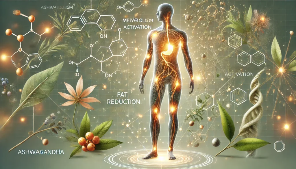 A scientific visualization of Ashwagandha’s impact on metabolism, featuring a transparent human silhouette with glowing internal energy pathways, floating molecular structures, and botanical elements against a modern, futuristic background.
