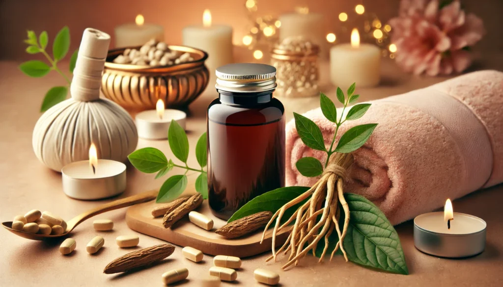 A luxurious spa-like setting featuring ashwagandha roots, leaves, and an organic supplement bottle, evoking a sense of relaxation and holistic wellness. The warm, romantic lighting suggests stress relief, enhanced intimacy, and the natural benefits of herbal remedies for sexual health.