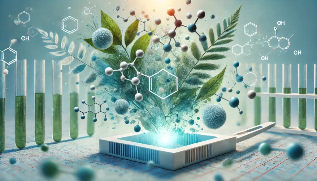 An abstract representation of molecular structures floating above a laboratory test strip, symbolizing the biochemical analysis of herbal supplements. The artistic blend of blue and green hues conveys the fusion of scientific research and natural medicine.