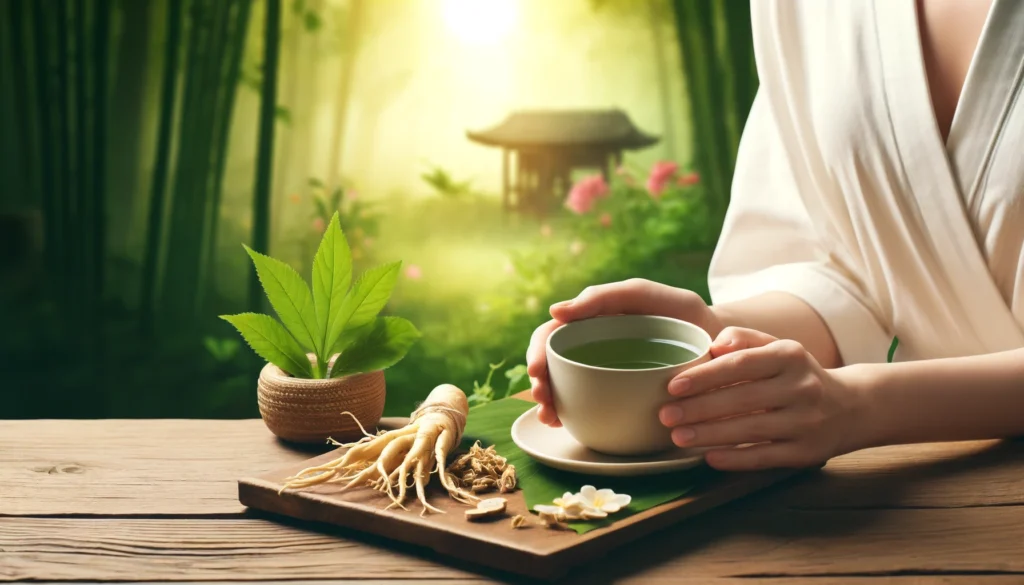 A serene wellness scene of a person holding a warm cup of green tea with ginseng, set against a tranquil Zen garden backdrop, promoting mindfulness and holistic well-being.