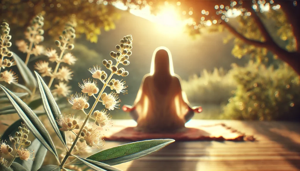 Is Ashwagandha Good for ADHD and Depression? What Science Says 2 A tranquil wellness scene showing a woman meditating outdoors in a sunlit natural environment, conveying a sense of relaxation, emotional balance, and the stress-relieving benefits of ashwagandha.