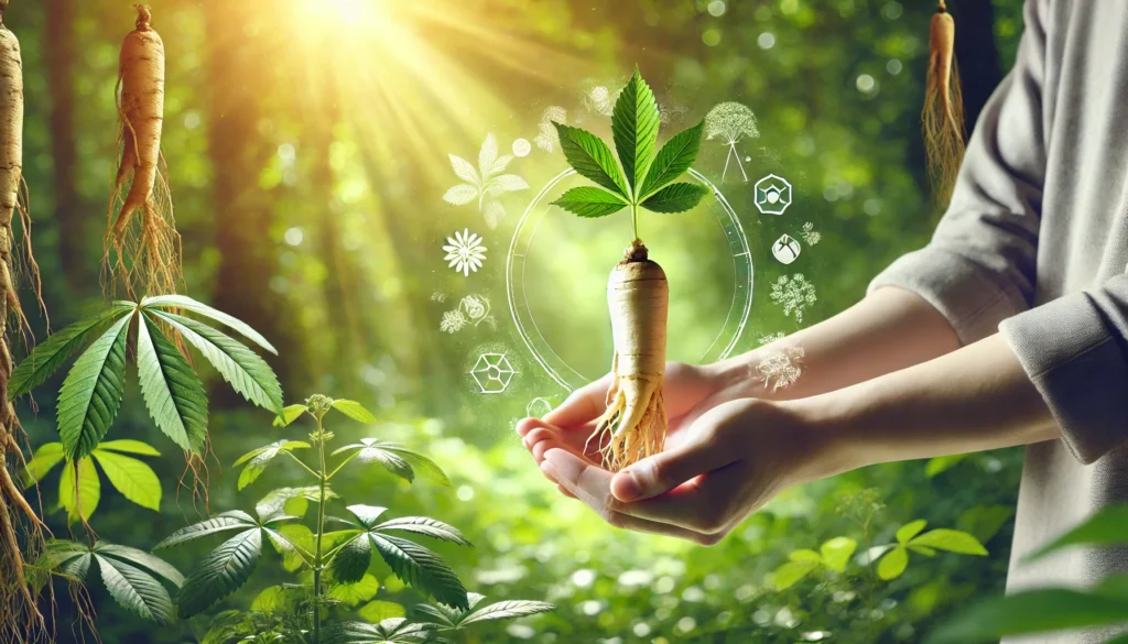 "White Korean Ginseng: Science-Backed Benefits and How It Supports Your Health" 2 A person gently holding a white Korean ginseng root in their hands, with a lush green herbal garden and warm sunlight in the background, symbolizing holistic wellness.