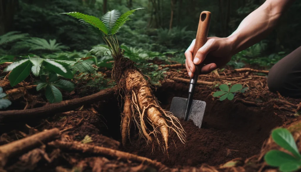 A ginseng hunter carefully excavating a wild ginseng root from rich, loamy forest soil, revealing its gnarled and forked structure, surrounded by lush ferns and native woodland plants.