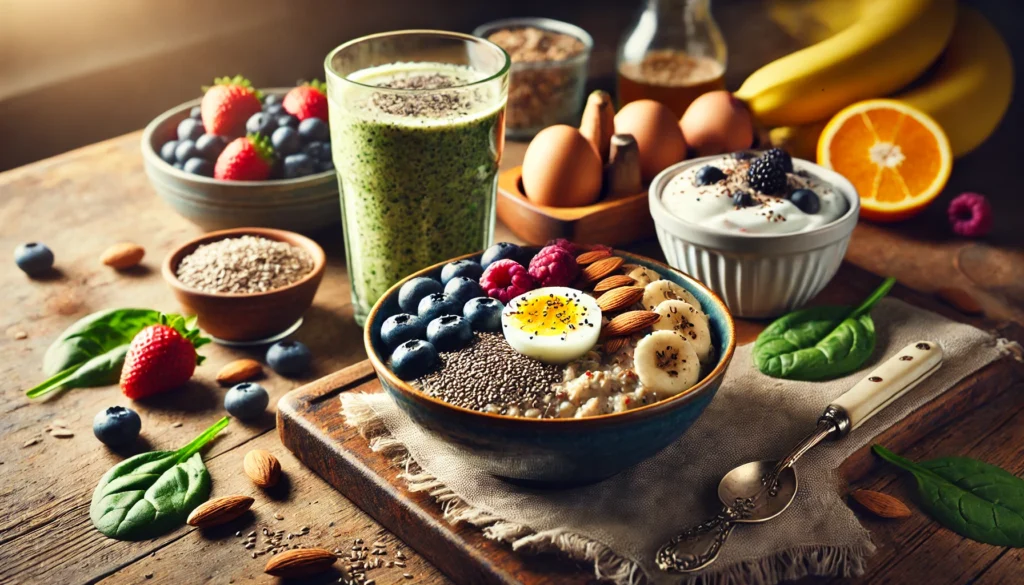 A cozy rustic kitchen setting featuring a high-protein and fiber-rich breakfast, including oatmeal with chia seeds and berries, Greek yogurt with almonds, a hard-boiled egg, and a green smoothie made from spinach, banana, and plant-based protein.